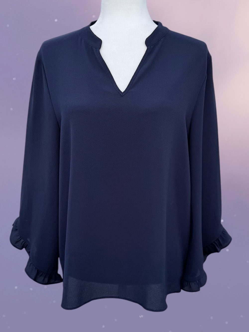 Banana Republic Navy Blue Crepe 3/4 Ruffle Angled Sleeve Stretch Blouse, M